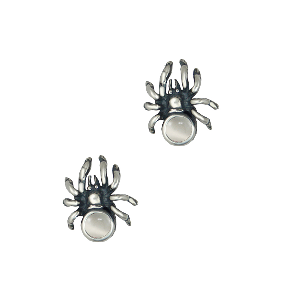 Sterling Silver Small Spider Post Stud Earrings With White Moonstone